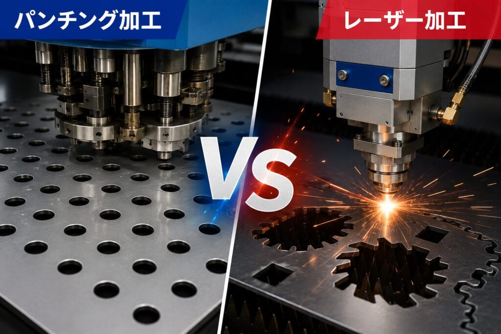 パンチング加工とレーザー加工の比較イメージ
